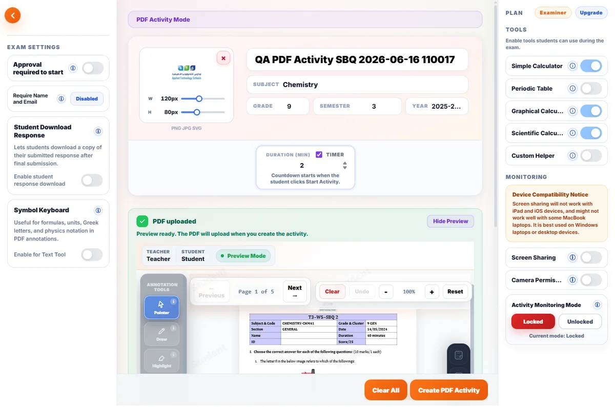 ActivityLock PDF activity setup with a worksheet preview and teacher controls