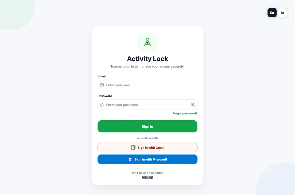 ActivityLock teacher sign-in screen